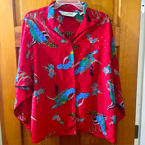 Vtg Diane Von Furstenburg Blouse Long Sleeve Art Deco Old Money Maximalist M Red - Picture 1 of 7